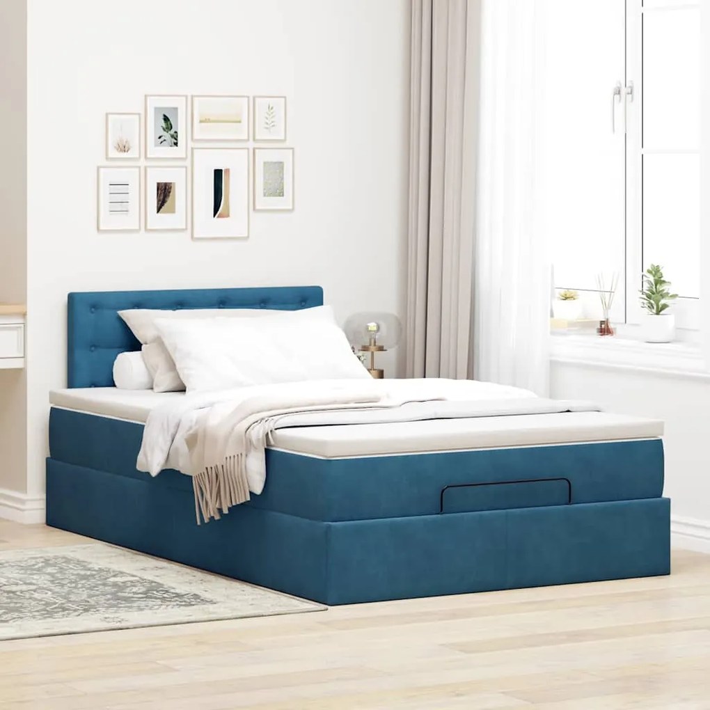 Cama otomana com colchão &amp; LEDs 120x190cm veludo azul-escuro