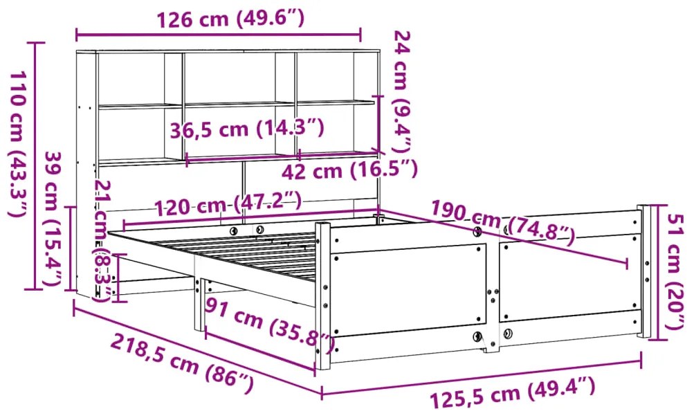 Cama com estante sem colchão 120x190 cm pinho maciço
