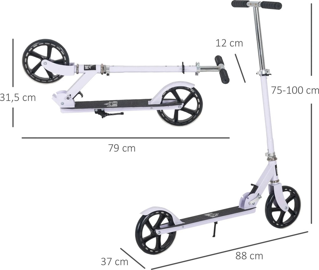 Trotinete Dobrável para Crianças de 7 a 14 Anos Trotinete Infantil com Guiador Ajustável em 4 Níveis e Travão 88x37x75-100cm Branco