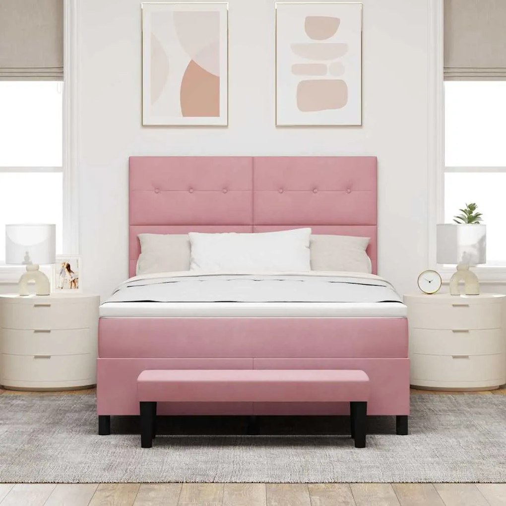 Cama Box Spring com Colchão &amp; Banco Rosa 160x200 cm Veludo