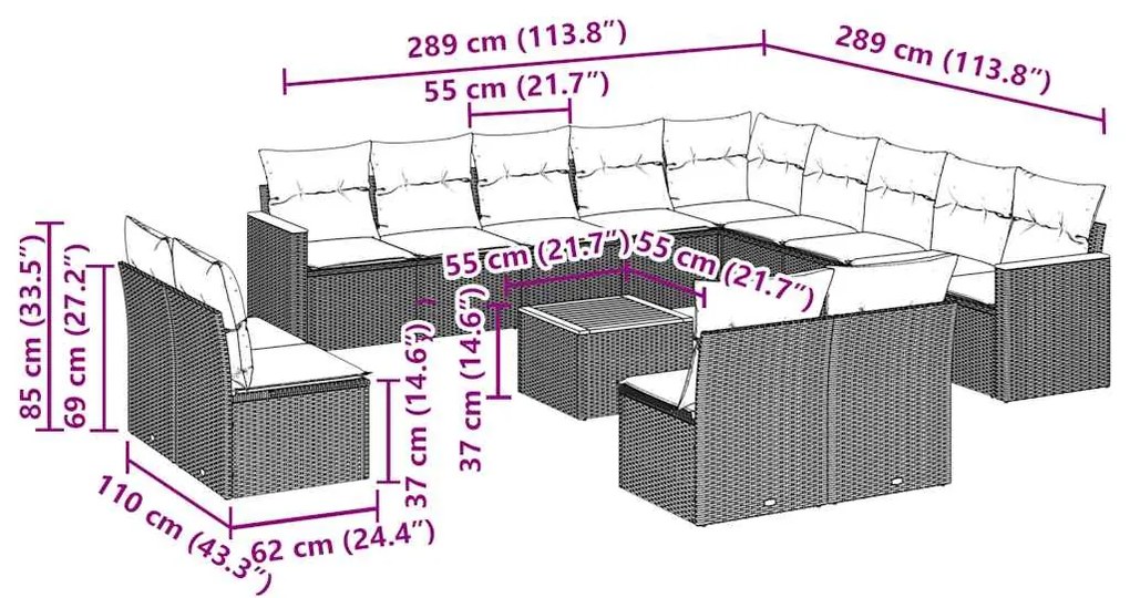 14 pcs conjunto de sofás p/ jardim c/ almofadões vime PE preto