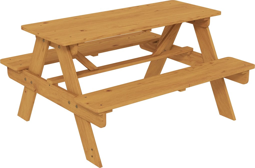Conjunto de mobiliário de jardim infantil para exterior, mesa de piquenique infantil com bancos, estrutura em madeira maciça, madeira natural