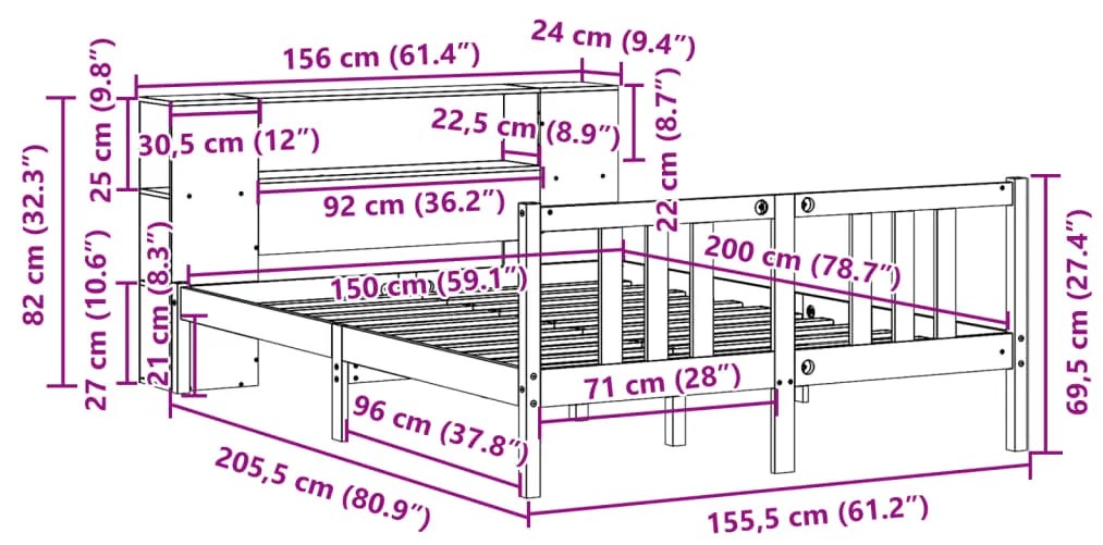 Cama com estante sem colchão 150x200 cm pinho maciço