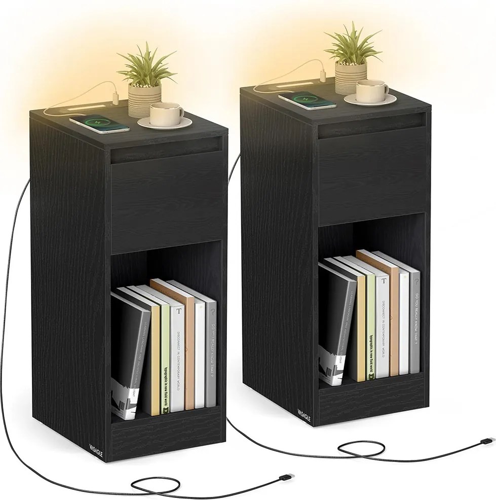 Conjunto de 2 mesas de cabeceira com iluminação LED e portas USB 30 x 25 x 59,5 cm Preto