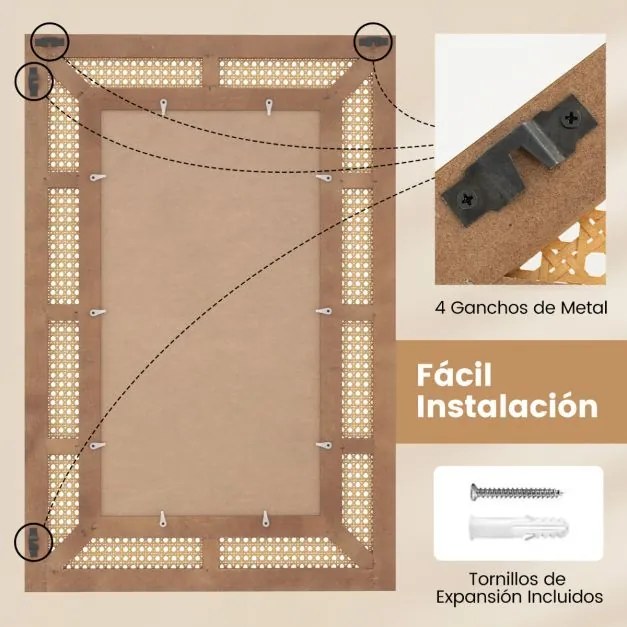 Espelho de parede decorativo de rattan Estilo boémio retangular com moldura de madeira Pendurado na vertical ou na horizontal  90 x 60 cm