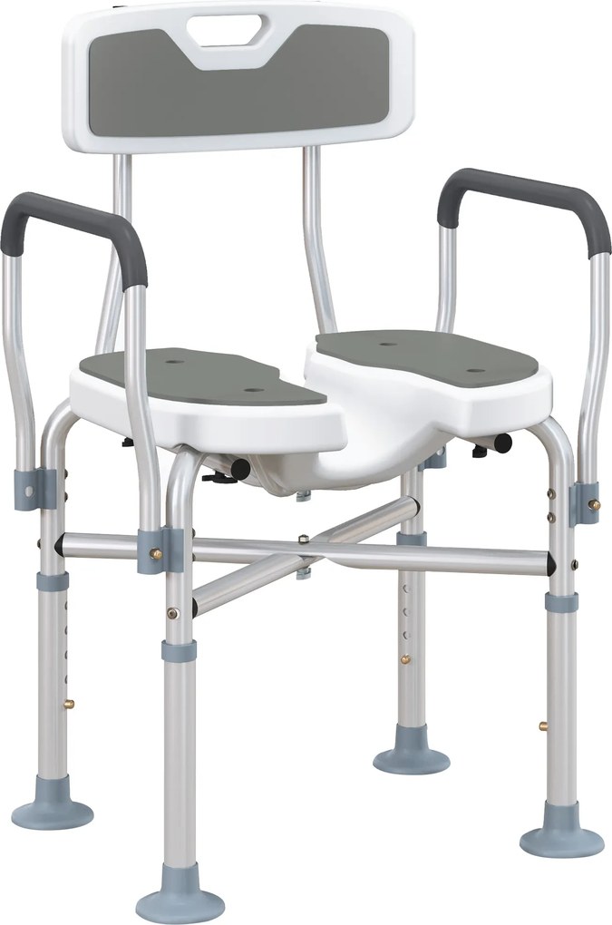 Cadeira de Duche com Abertura em U, Altura Regulável, Antiderrapante, com Encosto e Apoios de Braços, até 136 kg, Cinzento