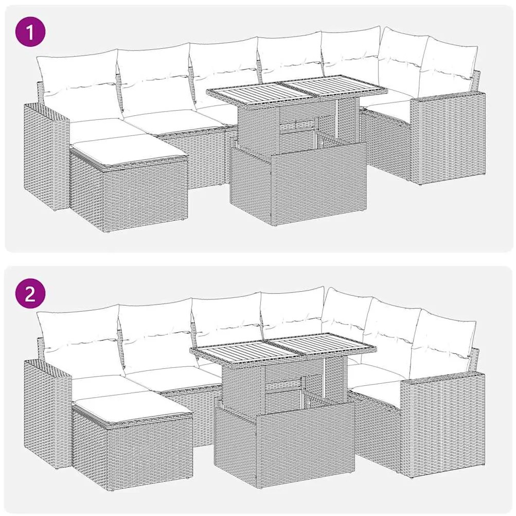 8 pcs conjunto sofás de jardim c/ almofadões vime PE cinzento