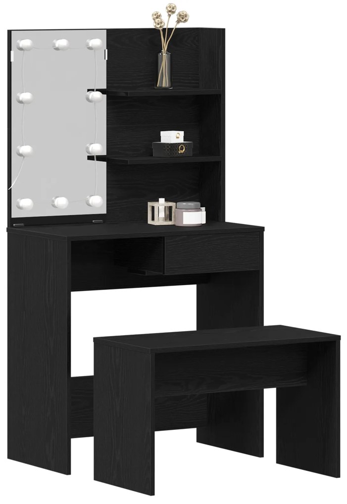 Conjunto de Mesa de Maquilhagem vidaXL com LED em Carvalho Preto de Ma