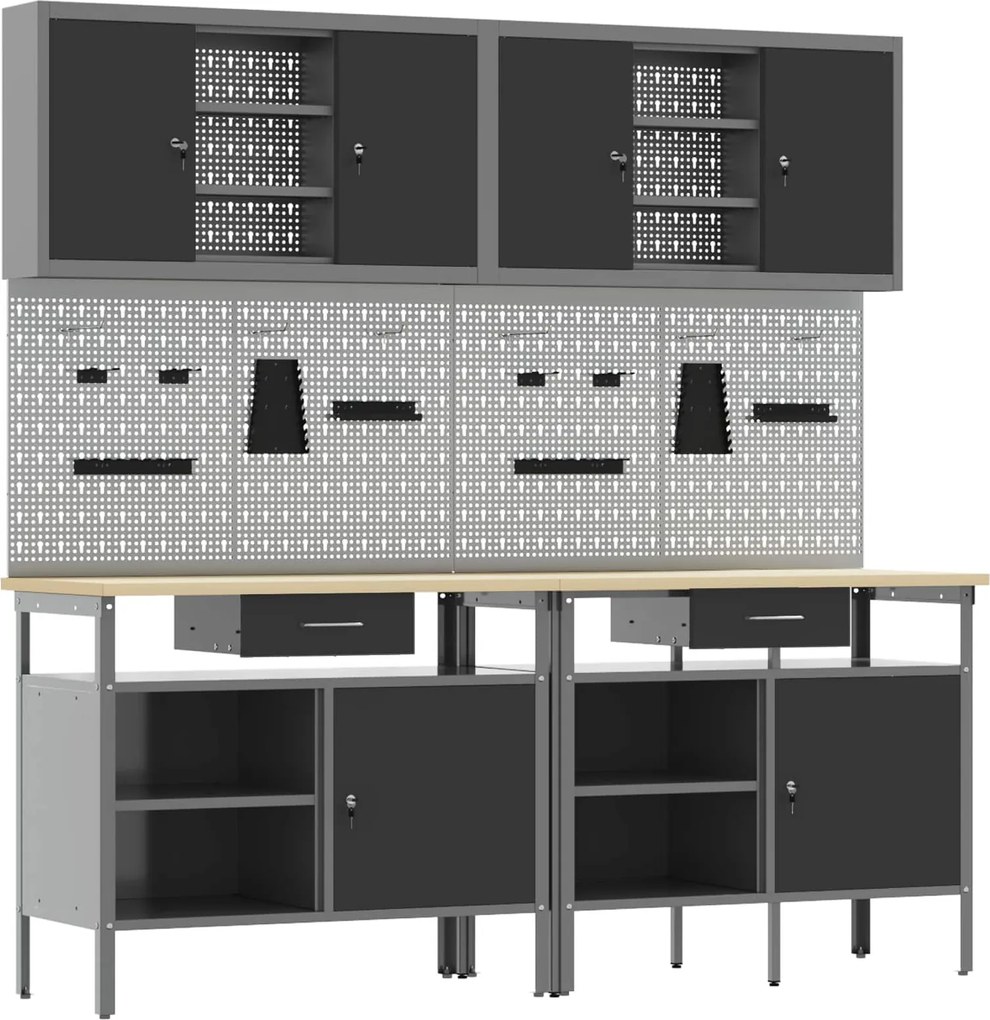 vidaXL Conjunto de bancada de trabalho 8 pcs Preto 200 x 55 x 200 cm