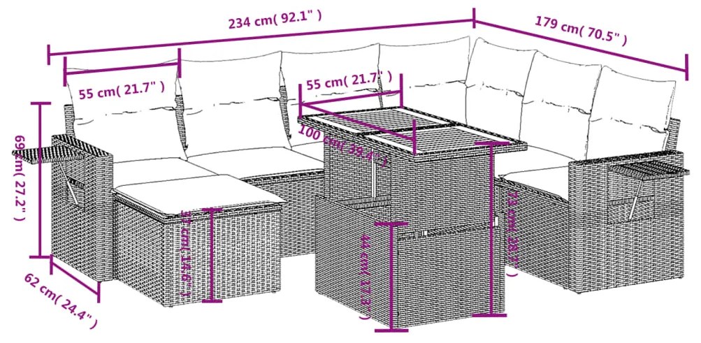 8 pcs conjunto sofás de jardim com almofadões vime PE preto