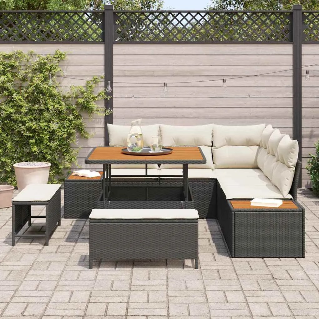 Conjunto de Sofá de Jardim de 8 Peças com Almofadas Rattan Preto Acáci