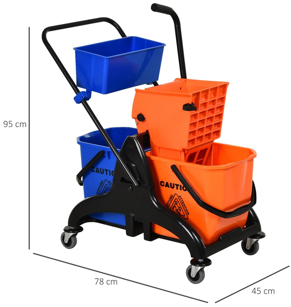 HOMCOM Balde para esfregona comercial Balde para esfregona com escorredor de baixa pressão 26L Capacidade com 4 rodas silenciosas Baldes separados duplos 78x45x95cm Laranja e azul