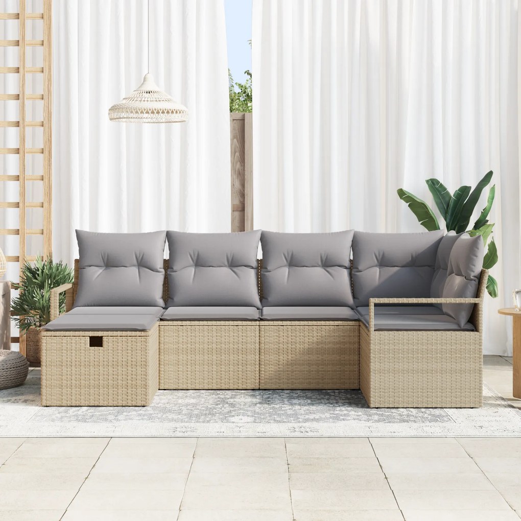 Conjunto de Sofá de Jardim de 6 Peças com Almofadas Bege Rattan Poliés