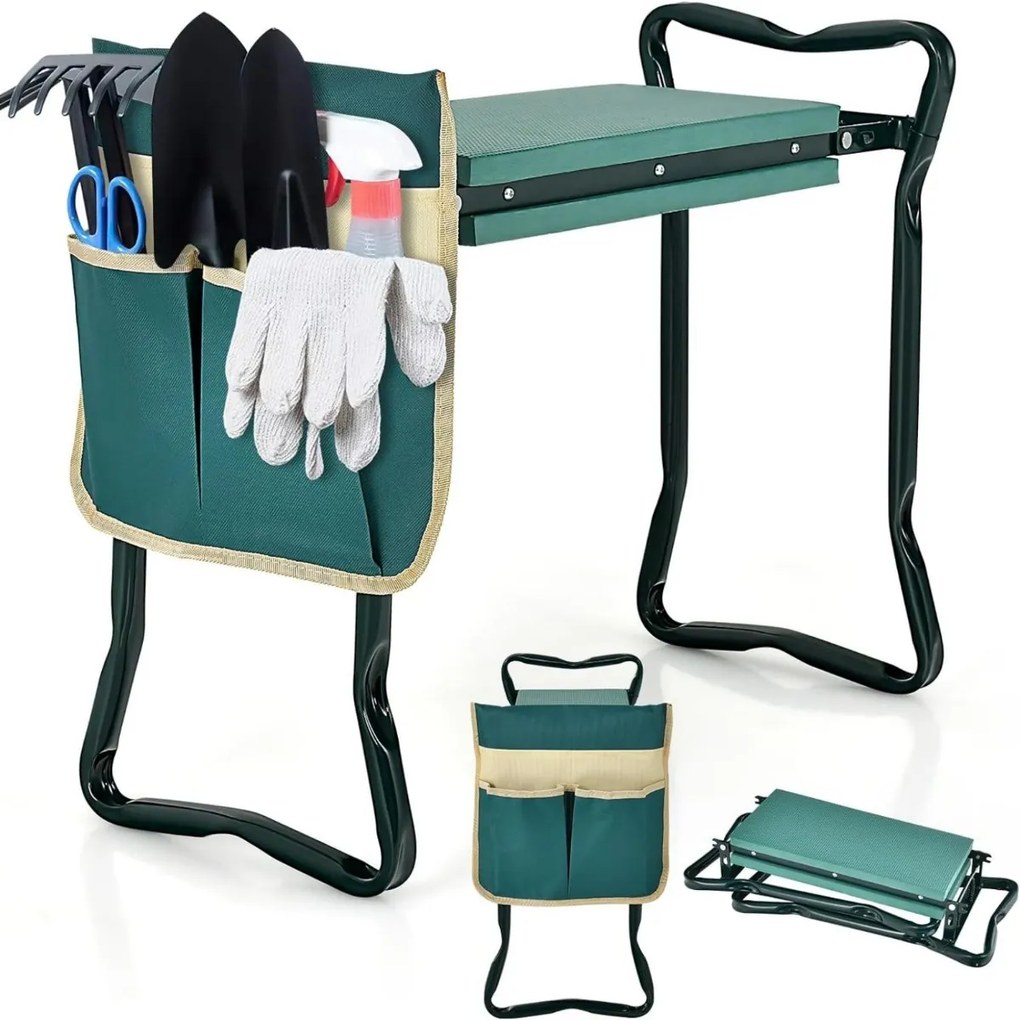 Assento duplo de jardim 2 em 1 com bolsa lateral e banco almofadado para carga seca e sentada 150 kg 58 x 27,5 x 50 cm verde