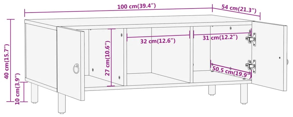 Mesa de centro 100x54x40 cm madeira de mangueira maciça
