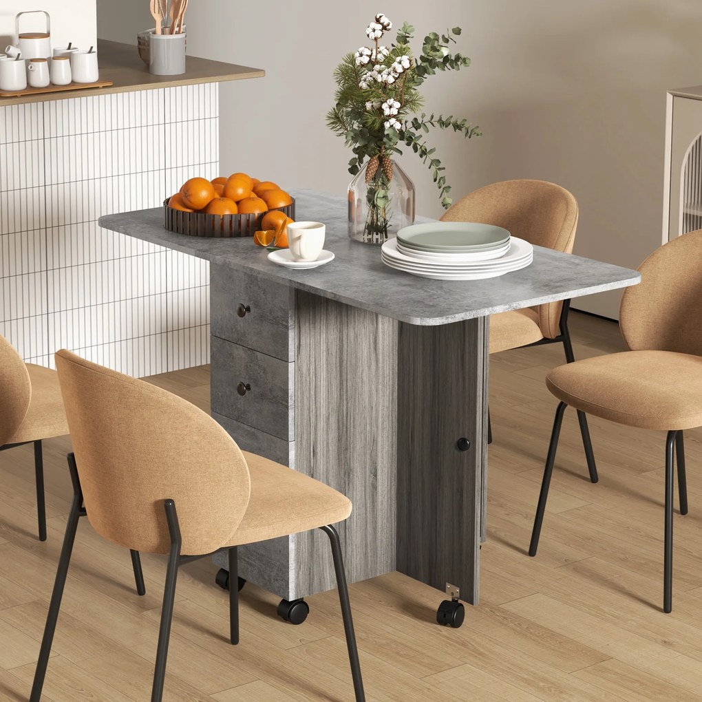 Mesa de Refeição Dobrável com Rodas 120x60x76,5 cm com 2 Gavetas e Armário Mesa Auxiliar Multifuncional Cinza