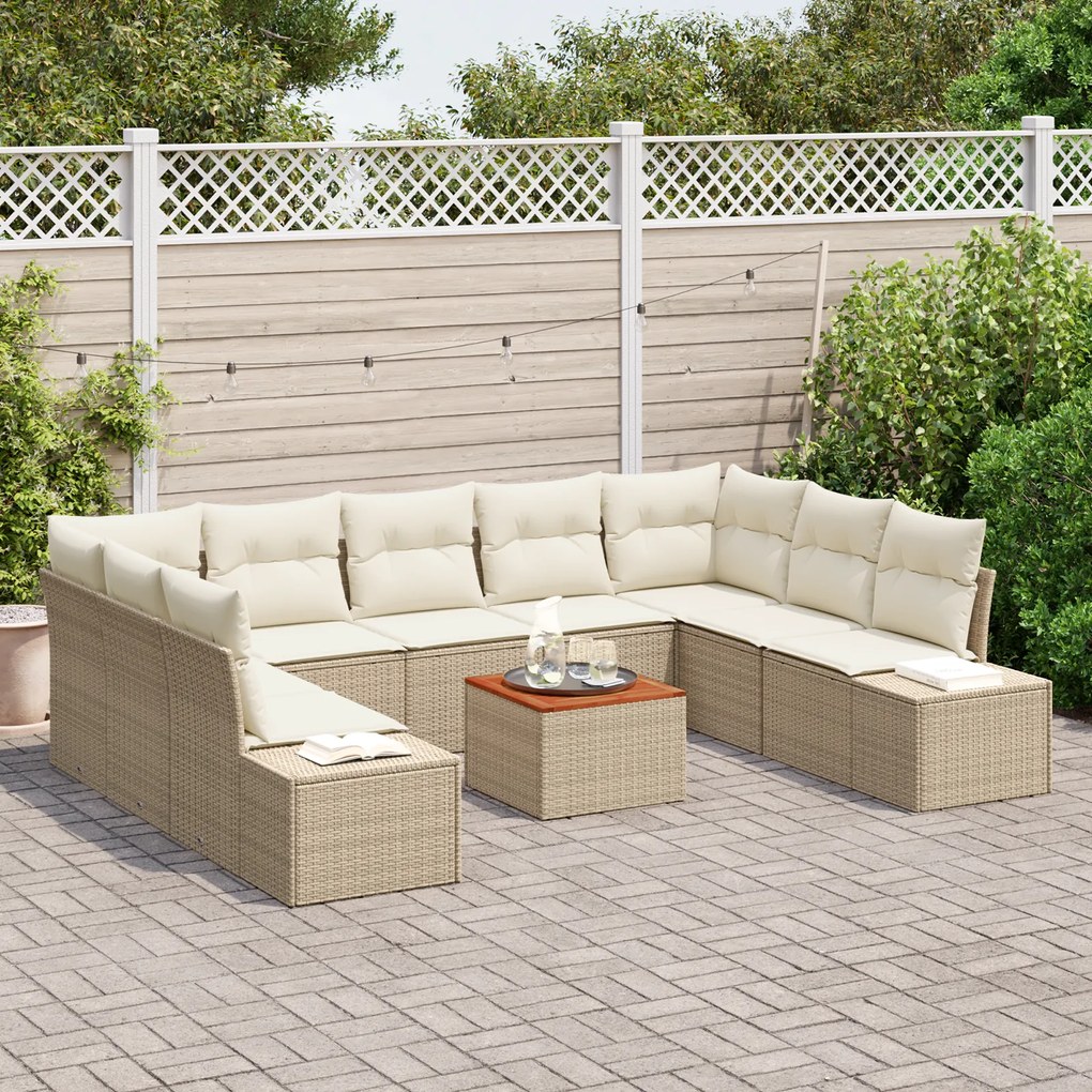 Conjunto de Sofás de Jardim de 10 Peças com Almofadas Bege Polirattan