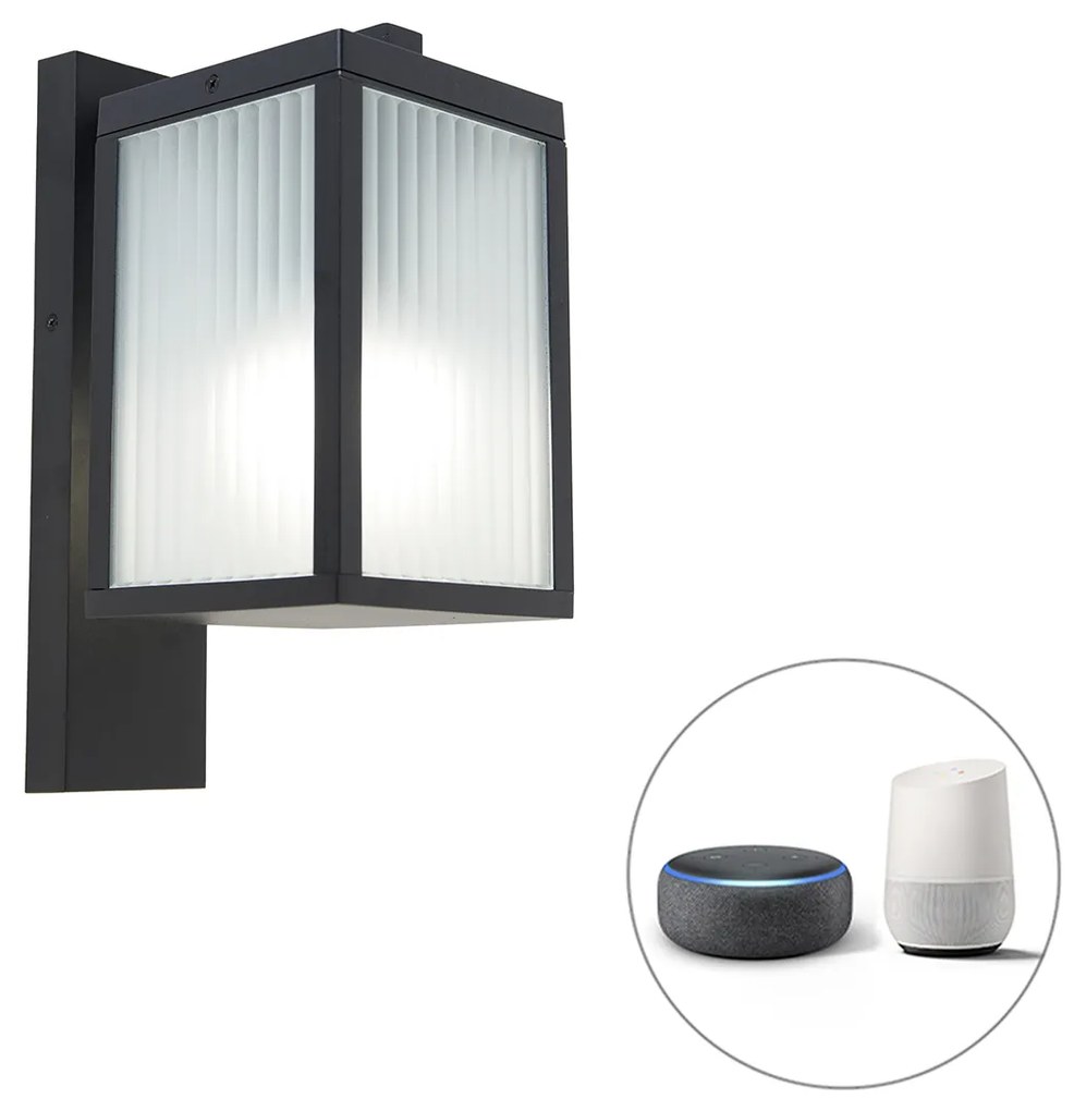 LED Candeeiro de parede exterior inteligente preto com vidro canelado incl. Wifi A60 - Charlois Moderno