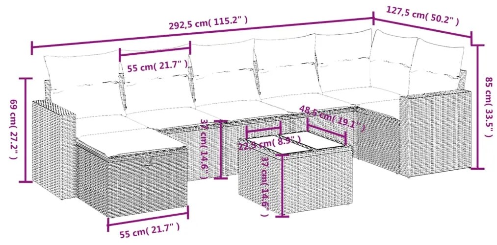 8 pcs conjunto sofás de jardim com almofadões vime PE preto