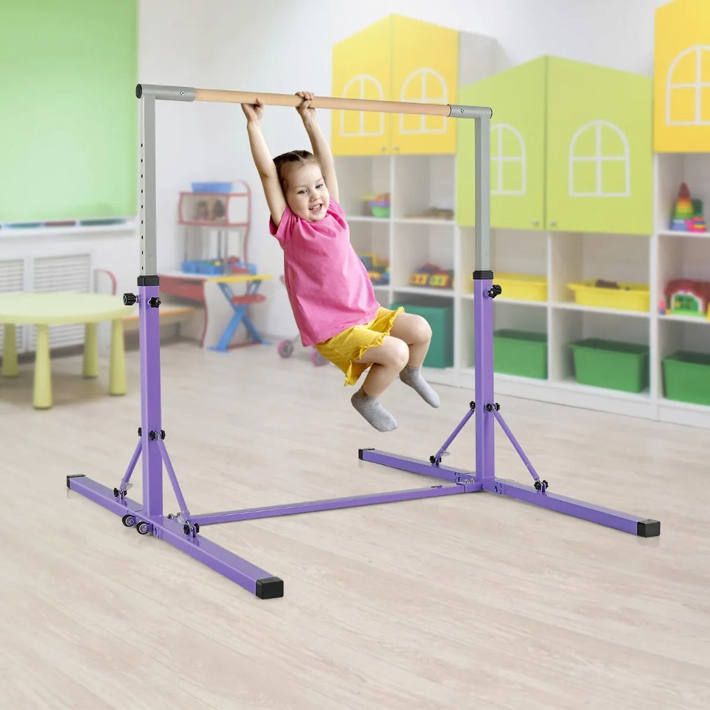 Barra de ginástica infantil dobrável com 13 alturas ajustáveis Estrutura triangular para ginásio em casa Carga 100 kg Roxo