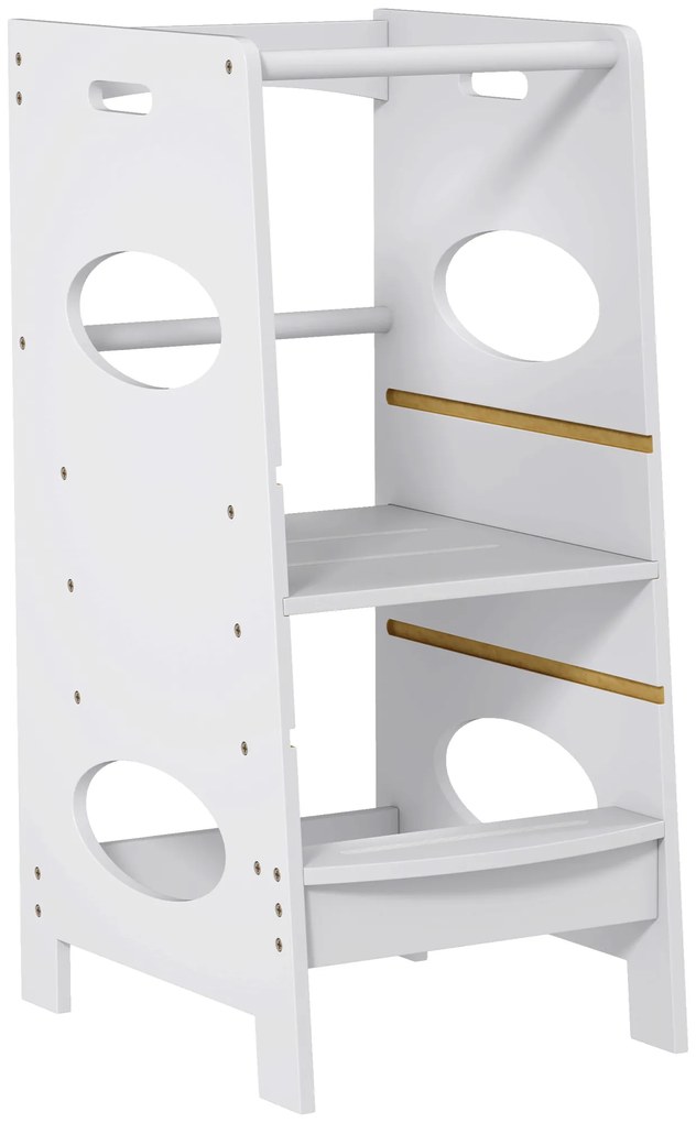 HOMCOM Torre de Aprendizagem de Madeira para Crianças com Altura Ajustável em 3 Posições e Barra de Segurança 40x50x90 cm Cinza
