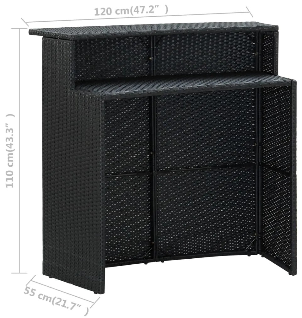 3 pcs conjunto de bar para jardim com almofadões preto