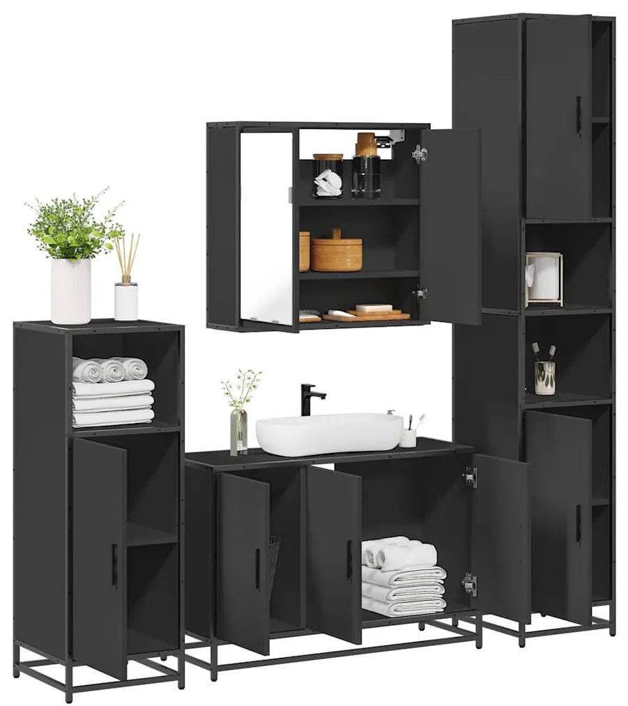 vidaXL 4 pcs conjunto móveis casa de banho derivados de madeira preto