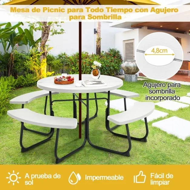 Conjunto de jardim para 8 pessoas com mesa e 4 bancos, orifício para guarda-sol e mesa de campismo redonda para piquenique no jardim Carga 225 kg Bran