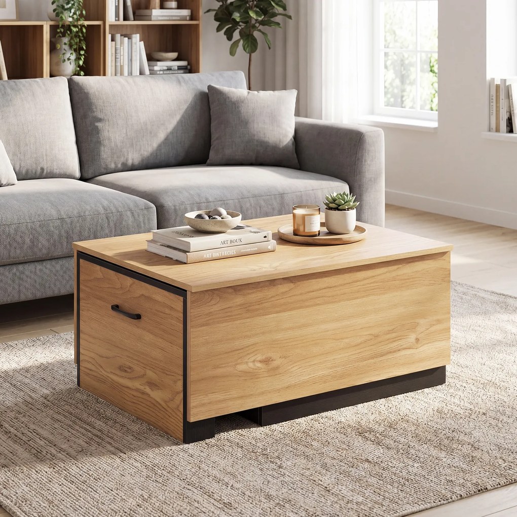 Mesa de centro extensível 80 x 60 x 37 cm em madeira com compartimentos e tampo adicional deslizante, design retangular para sala de estar Natural+Pre