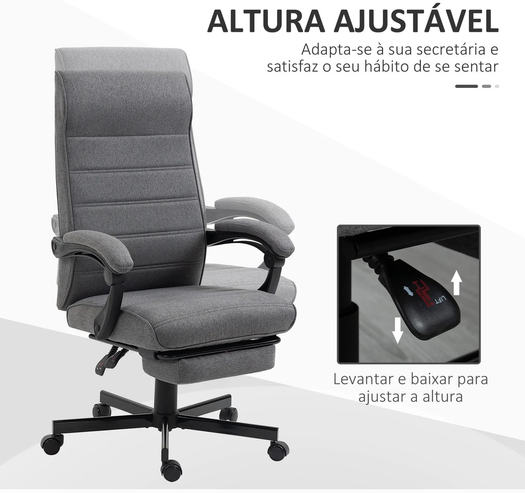 Cadeira de Escritório Giratória Reclinável com Altura Ajustável e Apoio para os Pés Retrátil 68x67x106-114 cm Cinza