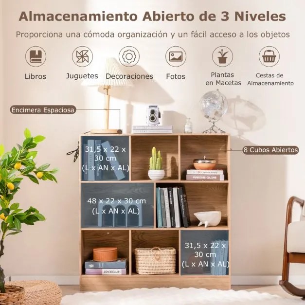 Estante de 8 cubos com 3 níveis de organização de arrumação Estante anti-queda para sala de estar, quarto, escritório Natural