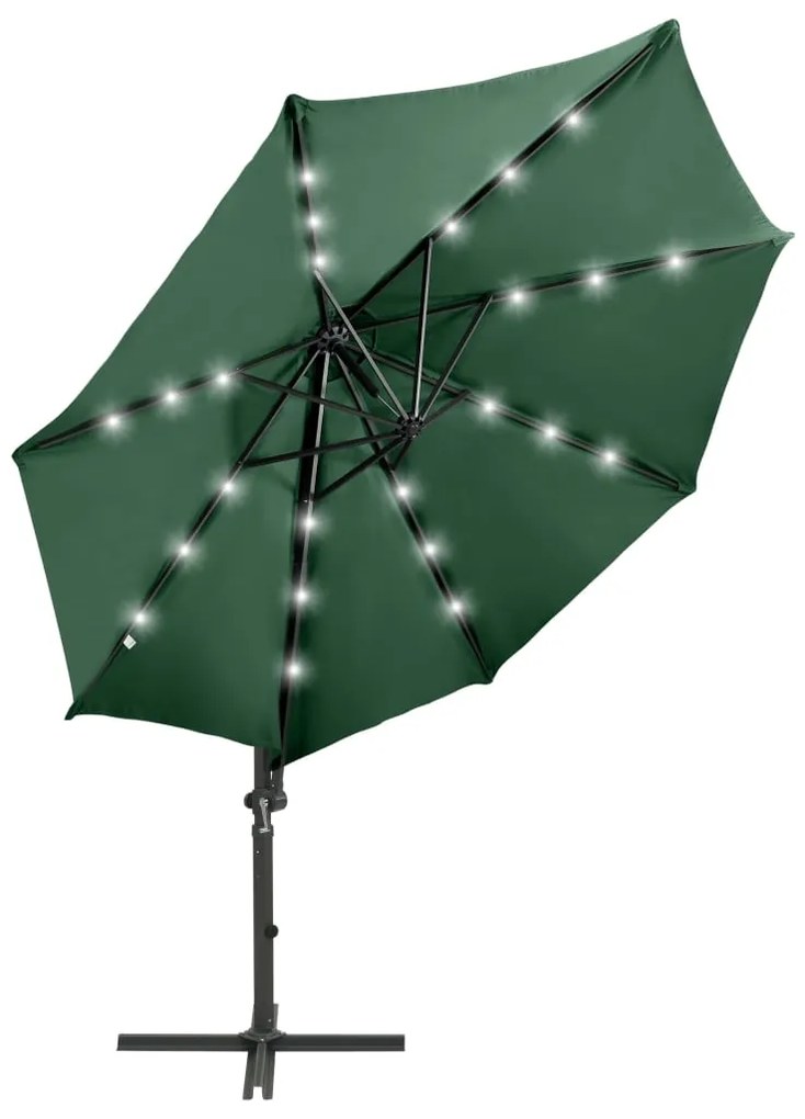 Guarda-sol jardim cantilever c/ poste e luzes LED 300 cm verde