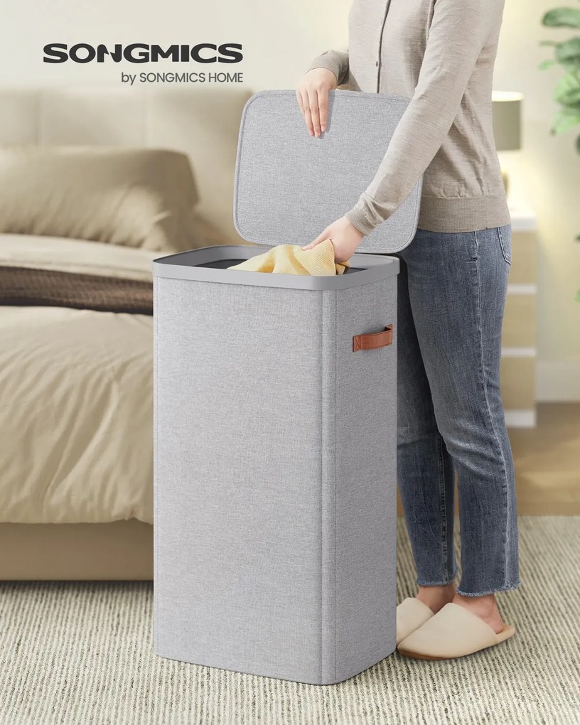 Cesto para roupa suja prático com compartimentos e tampa 56 x 40 x 75 cm cinzento