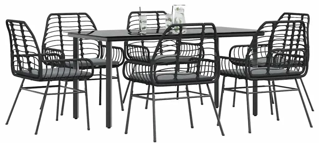 vidaXL Conjunto de jantar jardim 7 peças almofadas vidro vime PE preto