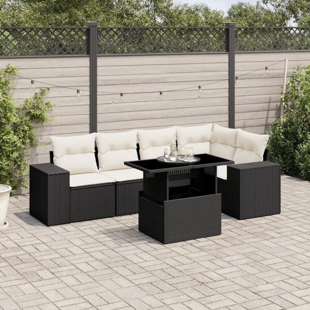 6 pcs conjunto sofás de jardim c/ almofadões vime PE preto