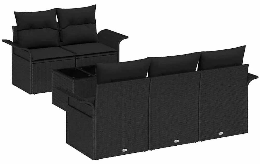 Sofá Jardim em 6 Peças com Almofadas de Rattan Poliéster Preto