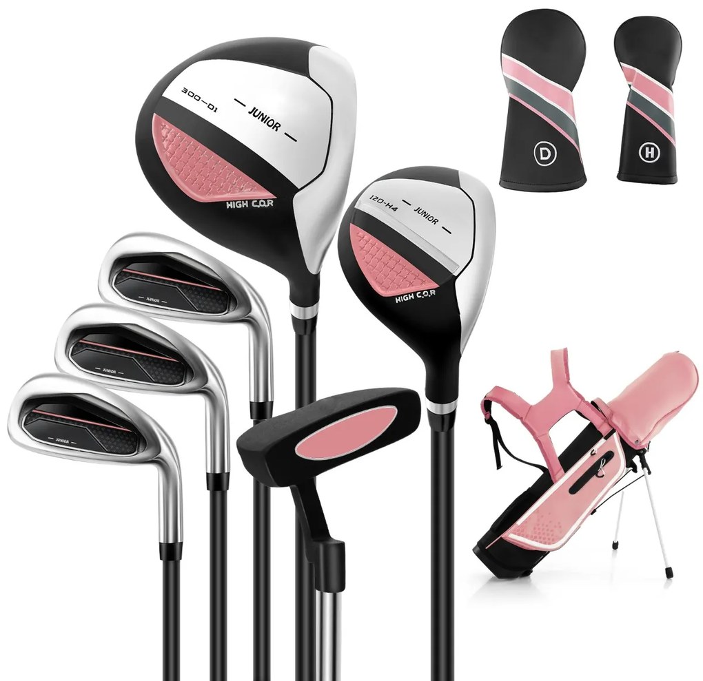 Conjunto de tacos de golfe para crianças dos 11 aos 13 anos, incluindo saco de apoio com capuz para chuva Driver n.º 1 Híbrido n.º 5 Ferros e Putter n