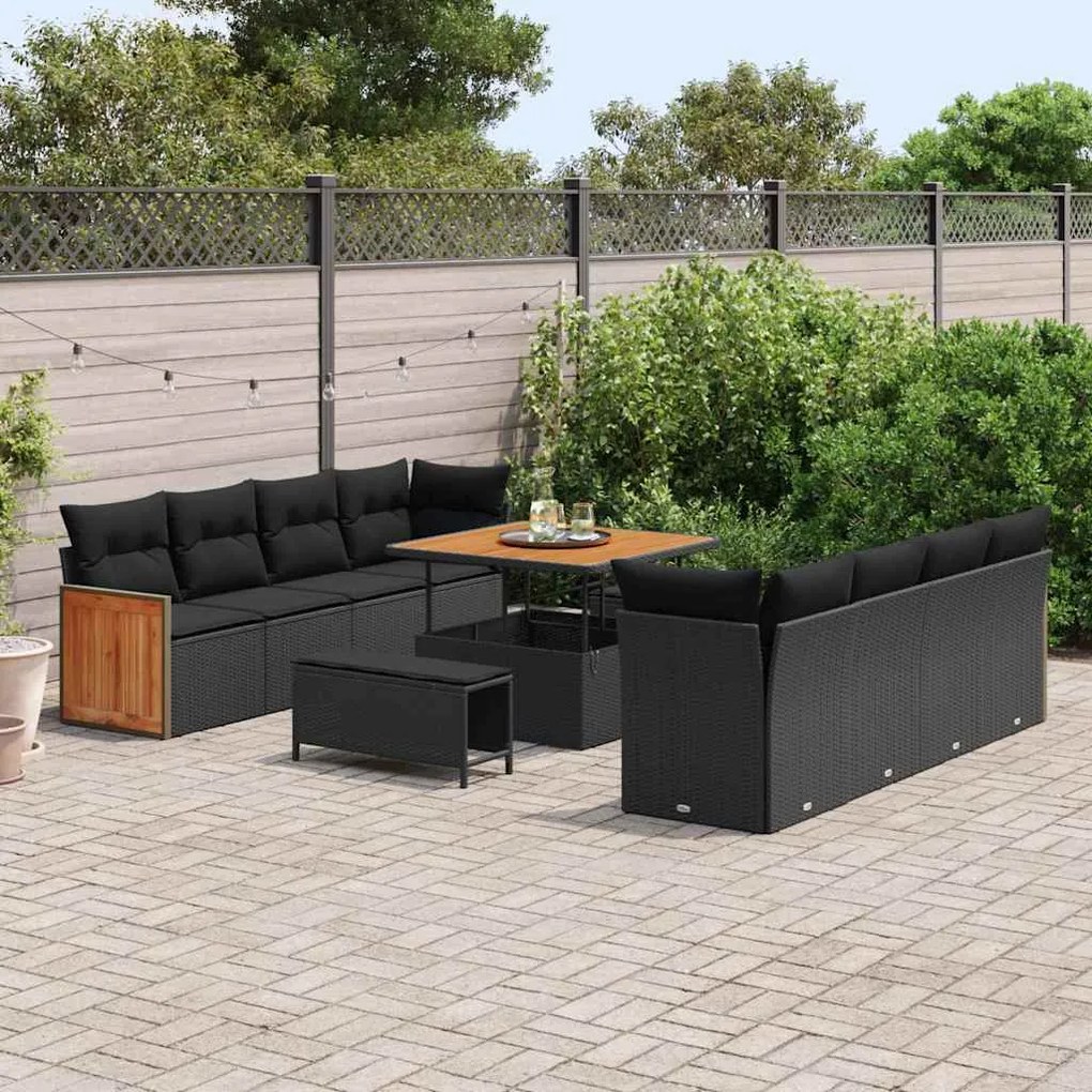 Conjunto de Sofás para Jardim com Almofadas vidaXL 11 Peças Preto Ratt