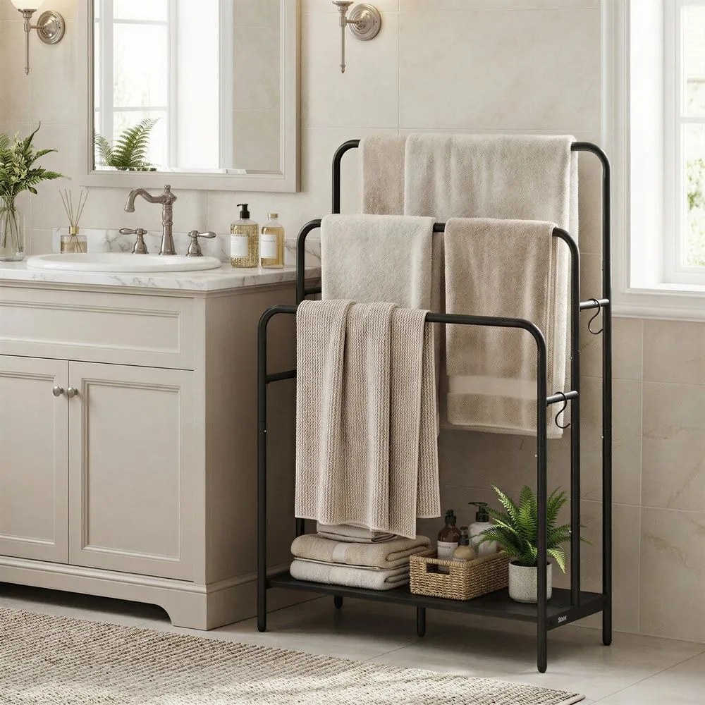 Toalheiro com 3 barras 70 x 30 x 100 cm em Metal e aglomerado de madeira preto