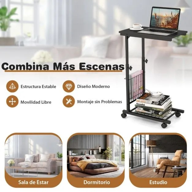 Mesa de apoio em forma de C para sofá com rodas Cesto de arrumação Mesa compacta para sala de estar Sofá 50 x 30 x 58-80 cm Preta