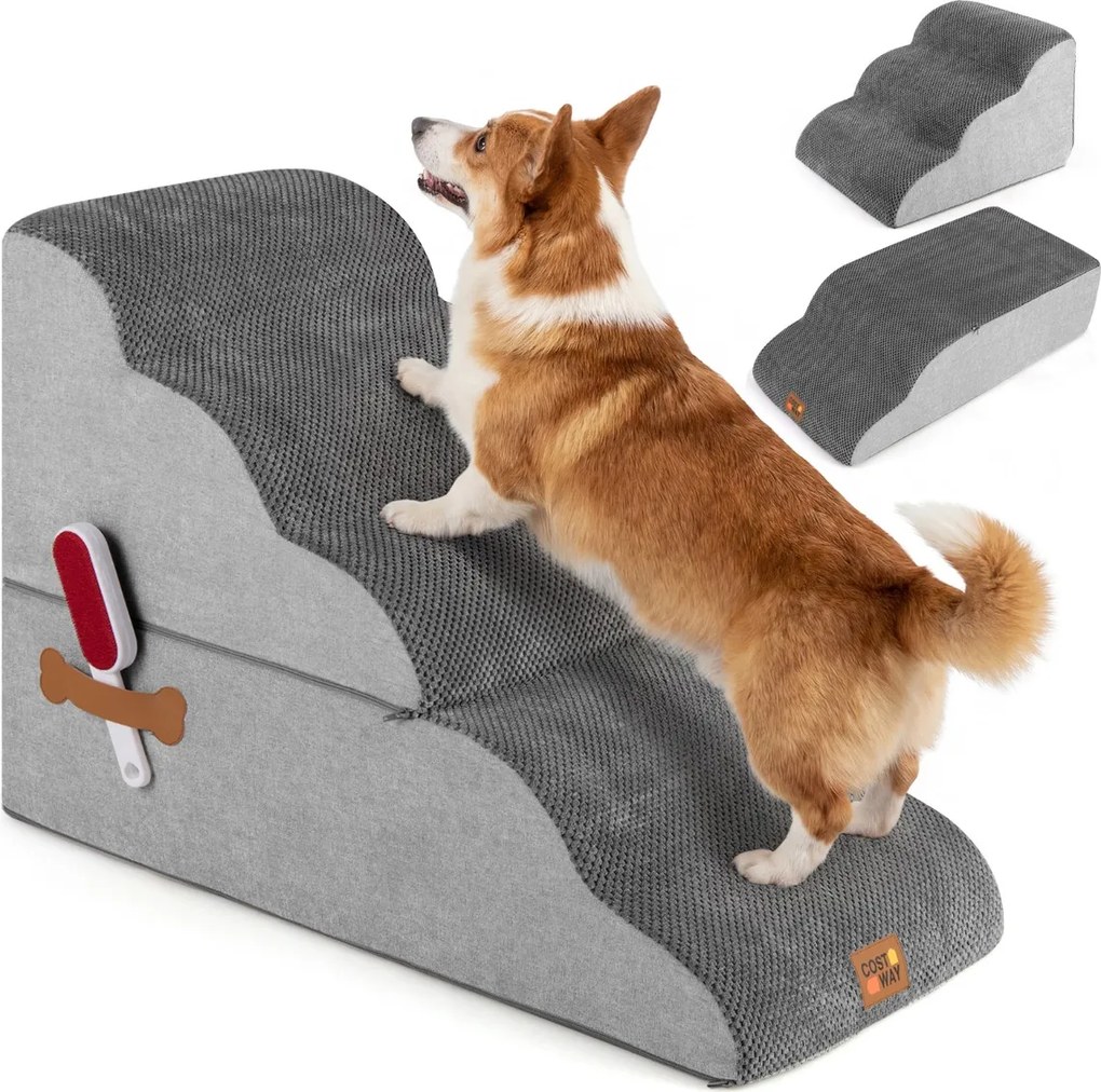 Escada Espuma Animais estimação 5 Degraus 85 x 40,5 x 56 cm, Rampa Transformável Alta Densidade Base Antiderrapante Capa Lavável  Cinza