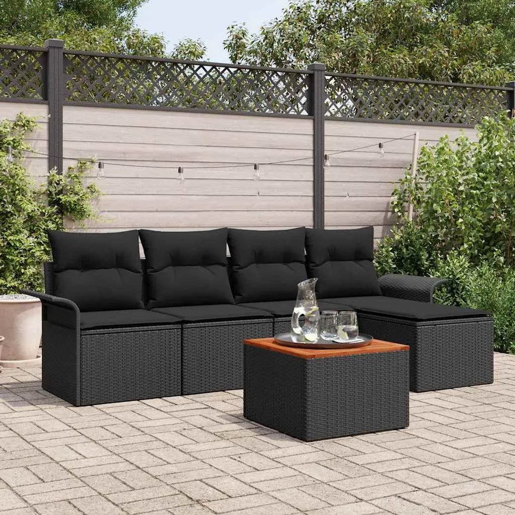 Conjunto de Sofá de Jardim de 6 Peças com Almofadas Pretas em Rattan d