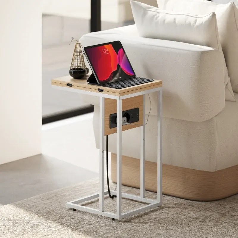 Mesa Auxiliar com Estação de Carga com Tampo Dobrável e Pés Ajustáveis 39x29x57 cm Branco e Madeira