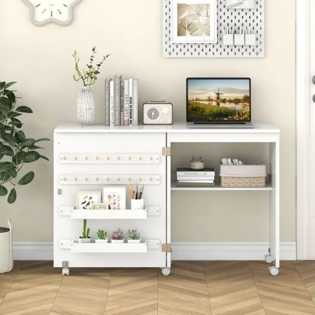 Mesa de Costura Dobrável Multifuncional Estante Compacta 2 Tabuleiros e 18 Pinos Armário de Costura com Porta e 5 Rodas Branco