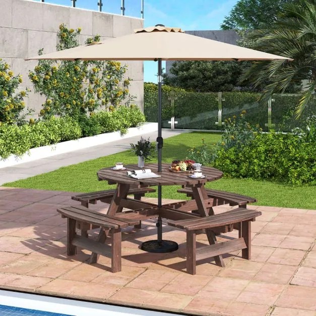 Conjunto de mesa de Jardim ou piquenique redonda com 4 bancos para 8 pessoas com orifício para guarda-sol de 5 cm Castanho