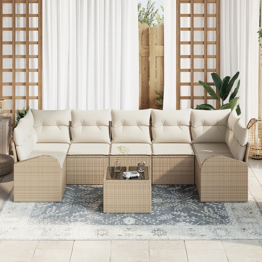 Conjunto de Sofás de Jardim de 8 Peças com Almofadas Bege Rattan Polié