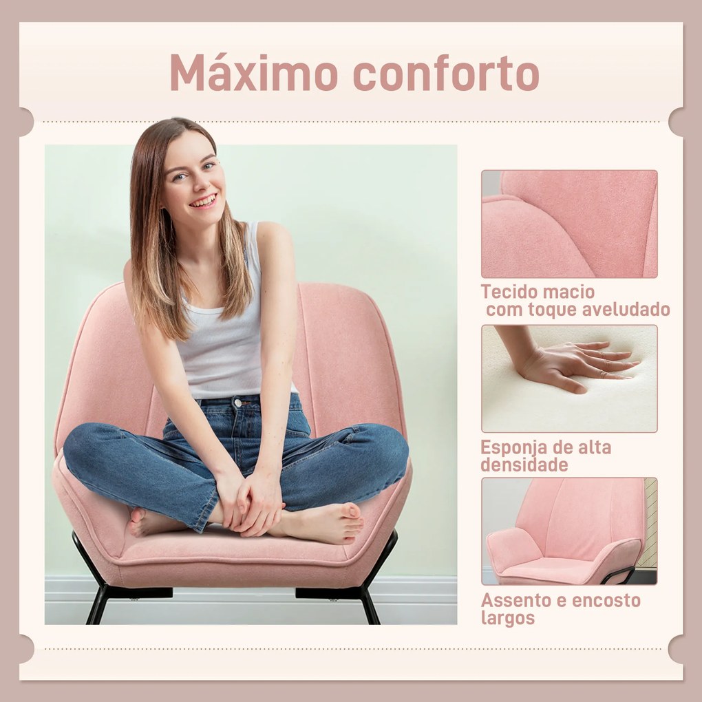 Poltrona Sala de Estar Moderna Poltrona de Leitura com Assento Largo e Acolchoado Estofada em Veludo Pés de Metal 70x67,5x87 cm Rosa