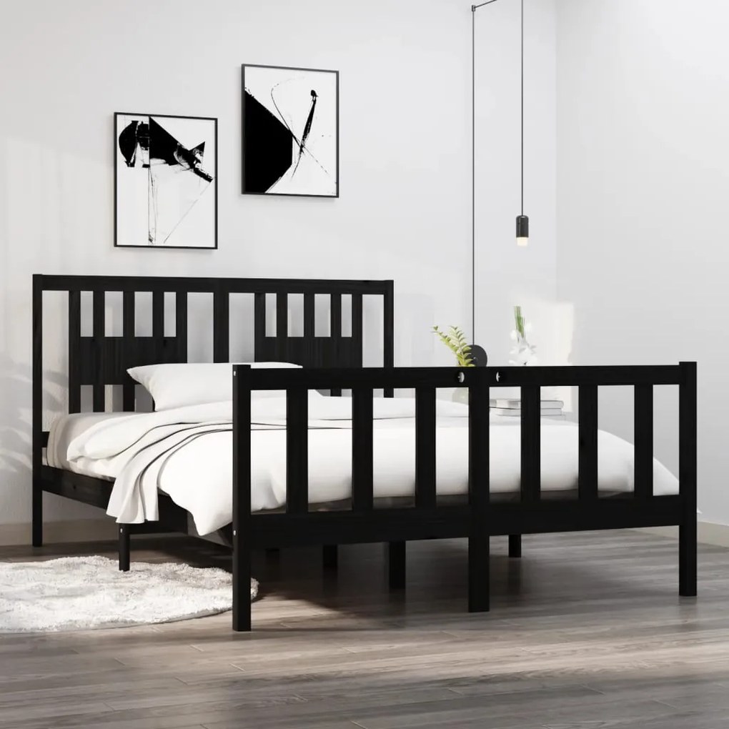 vidaXL Estrutura de cama casal 135x190 cm madeira maciça preto