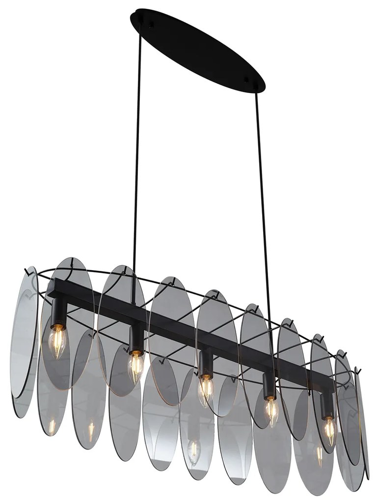 Candeeiro suspenso de design preto com vidro fumado oval 5-luzes - Mochan Design
