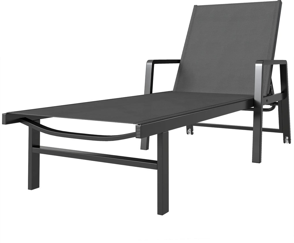 Outsunny Espreguiçadeira de Jardim em Textilene e Alumínio, Regulável em 4 Posições com Rodas e Apoio de Braço, 65x189x80cm, Cinza Escuro | Aosom Portugal